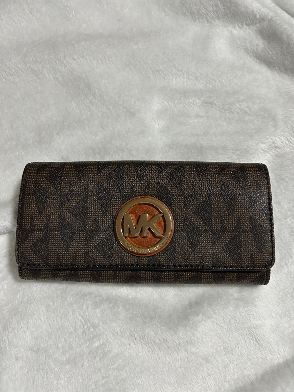 Michael Kors Dark Brown MK Logo Continental Wallet with Gold Emblem